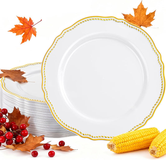 Hioasis 60pcs Gold Plastic Plates - White and Gold Disposable Dinnerware with Gold Rim, Heavy-duty, 10.25 inch, Dinner Plates for Party & Wedding