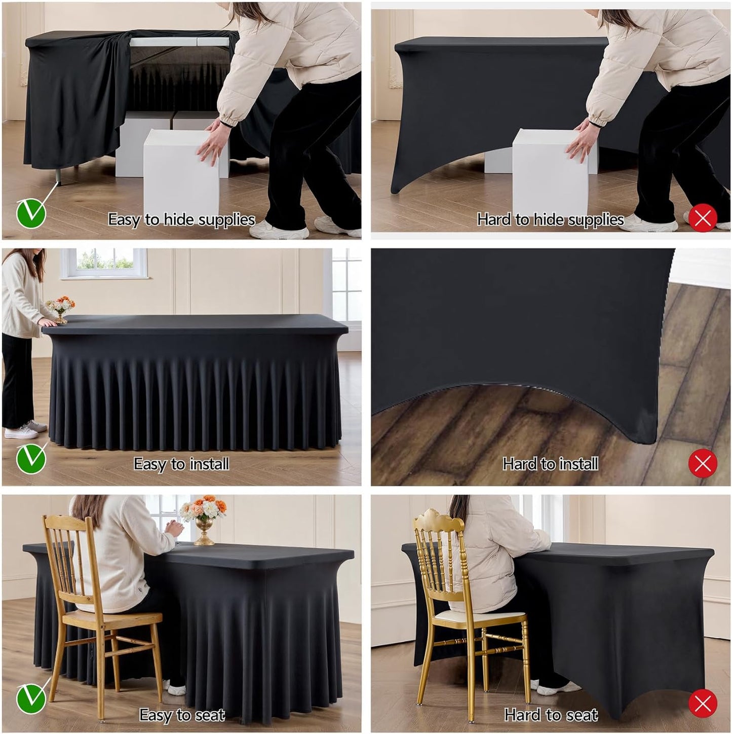 leegleri 12 Pack Black Spandex Fitted Table Clothes for 6 Foot Rectangle Tables, Wrinkle Free 6ft Spandex Table Cover with Skirt for Banquet Weddings Parties