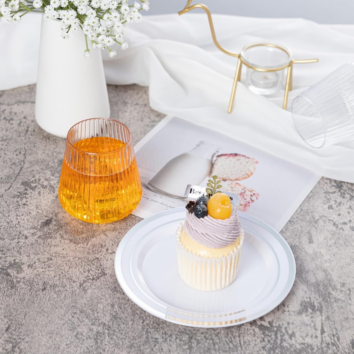 N9R 24 Count plastic wine glasses disposable 12oz - Elegant Origami Ripple Design, Shatterproof & Disposable for Whiskey, Cocktail, Champagne, Parties, Weddings, Events