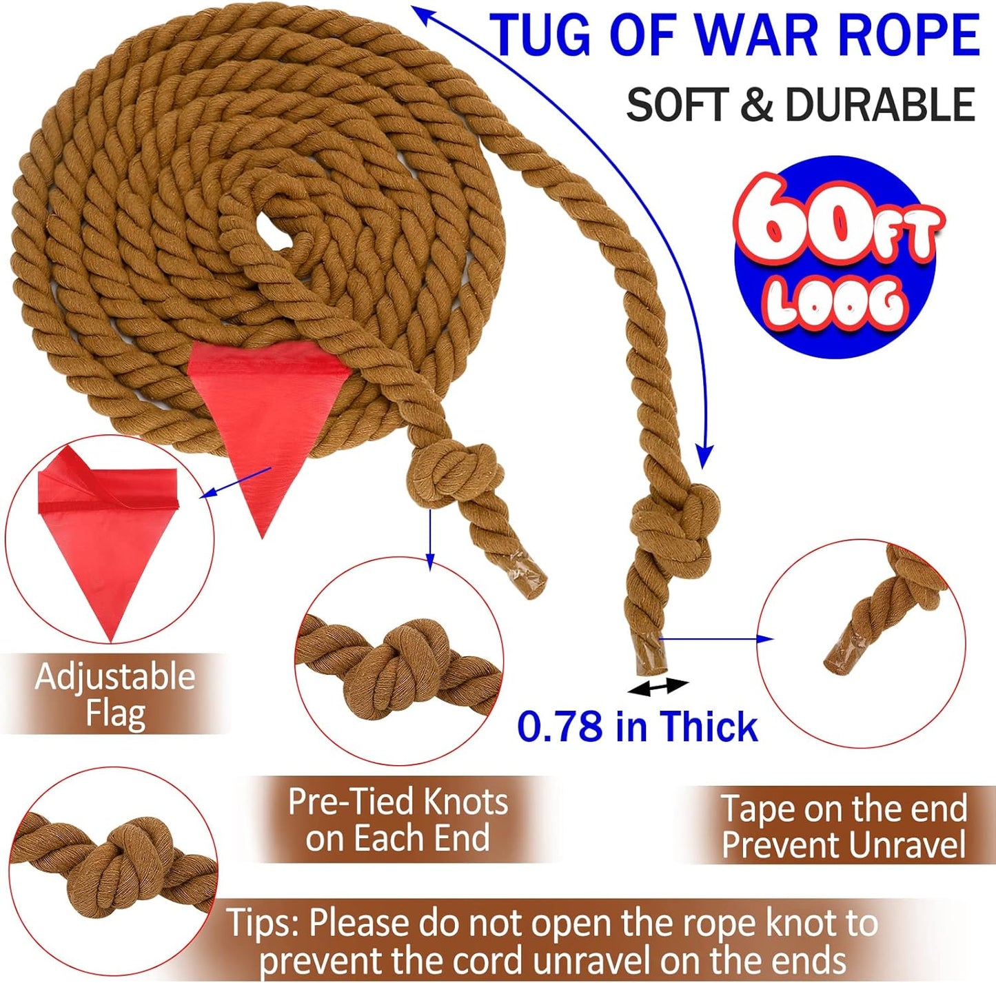 Field Day Tug a War Rope Games 60FT for Kids and Adult, Outdoor Outside Activities Carnival Easter Games for Kids Family Reunion Birthday Party Lawn Picnic Yard Game for Team Building, Brown
