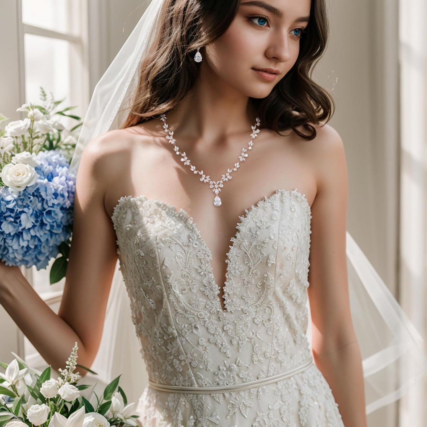 BriLove Gorgeous Wedding Jewelry Set for Women Bridal Cubic Zirconia Marquise Teardrop Leaf Cluster Y-Necklace Dangle Earrings Link Bracelet