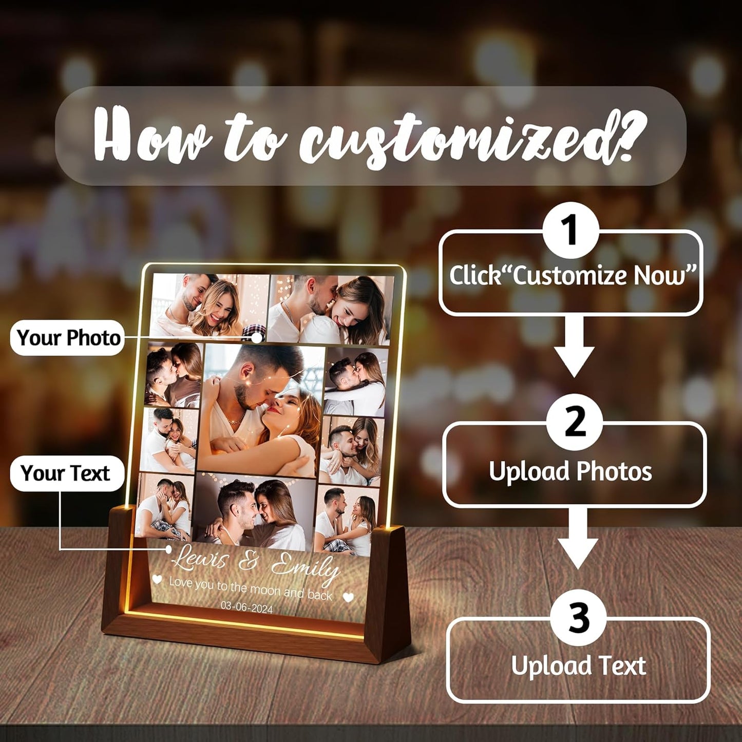 Personalized Couple Birthday Gifts For Him Her Boyfriend Girlfriend, Custom Light Up Photo Frame Acrylic Plaque With Picture Name, Customized Anniversary Christmas Wedding Gifts For Women Men