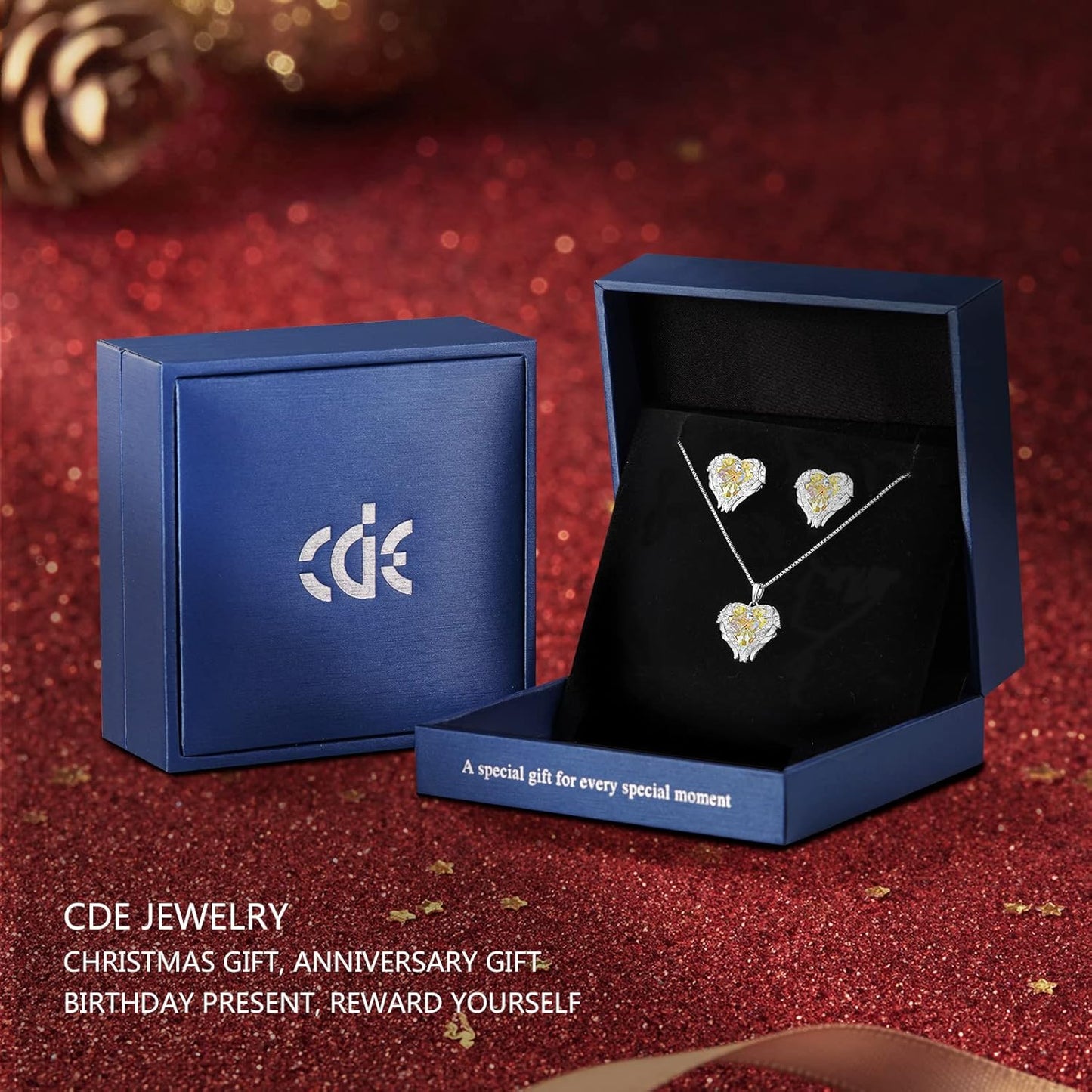 CDE Mothers Day Jewelry Set for Women, Angle Wing Heart Pendant Necklaces and Earrings with Birthstone， Birthday/Anniversary Christmas Jewelry Gift for Women Wife Her