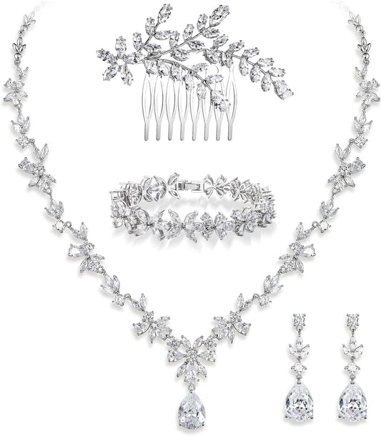 Crysdue Wedding Jewelry Set for Women, Floral Leaf Vine Teardrop Necklace Dangle Earrings Bracelet and Hair Comb, Cubic Zirconia Elegant Party Prom Jewellery for Bridal Bridesmaid