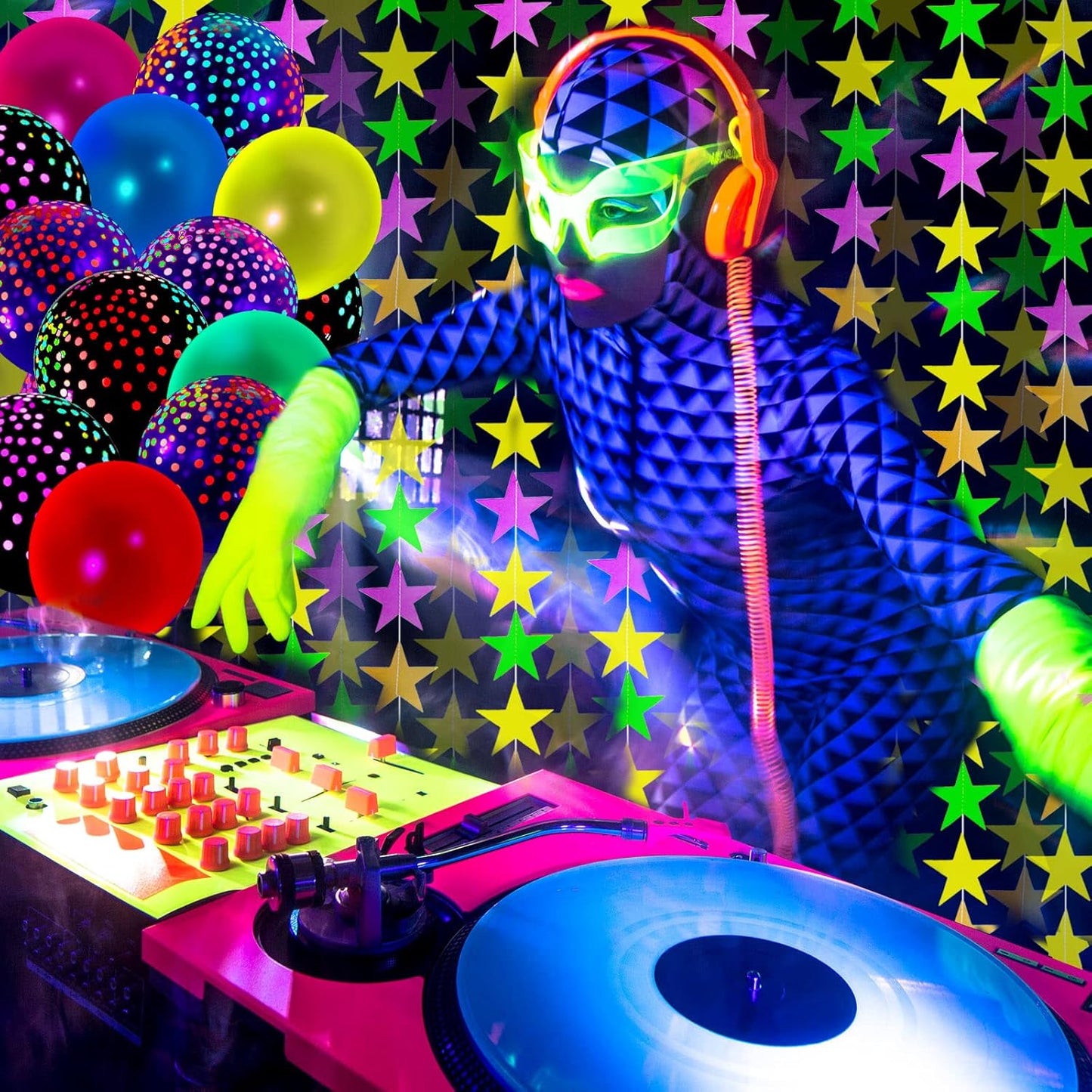 32 Pcs Glow in The Dark Party Supplies Christmas Neon Party Favors with 25 Fluorescent Balloon 6 Rolls 98.4 ft UV Blacklight Luminous Tape 14.4 ft Neon Streamer Garland for Adults(Glitter Star)