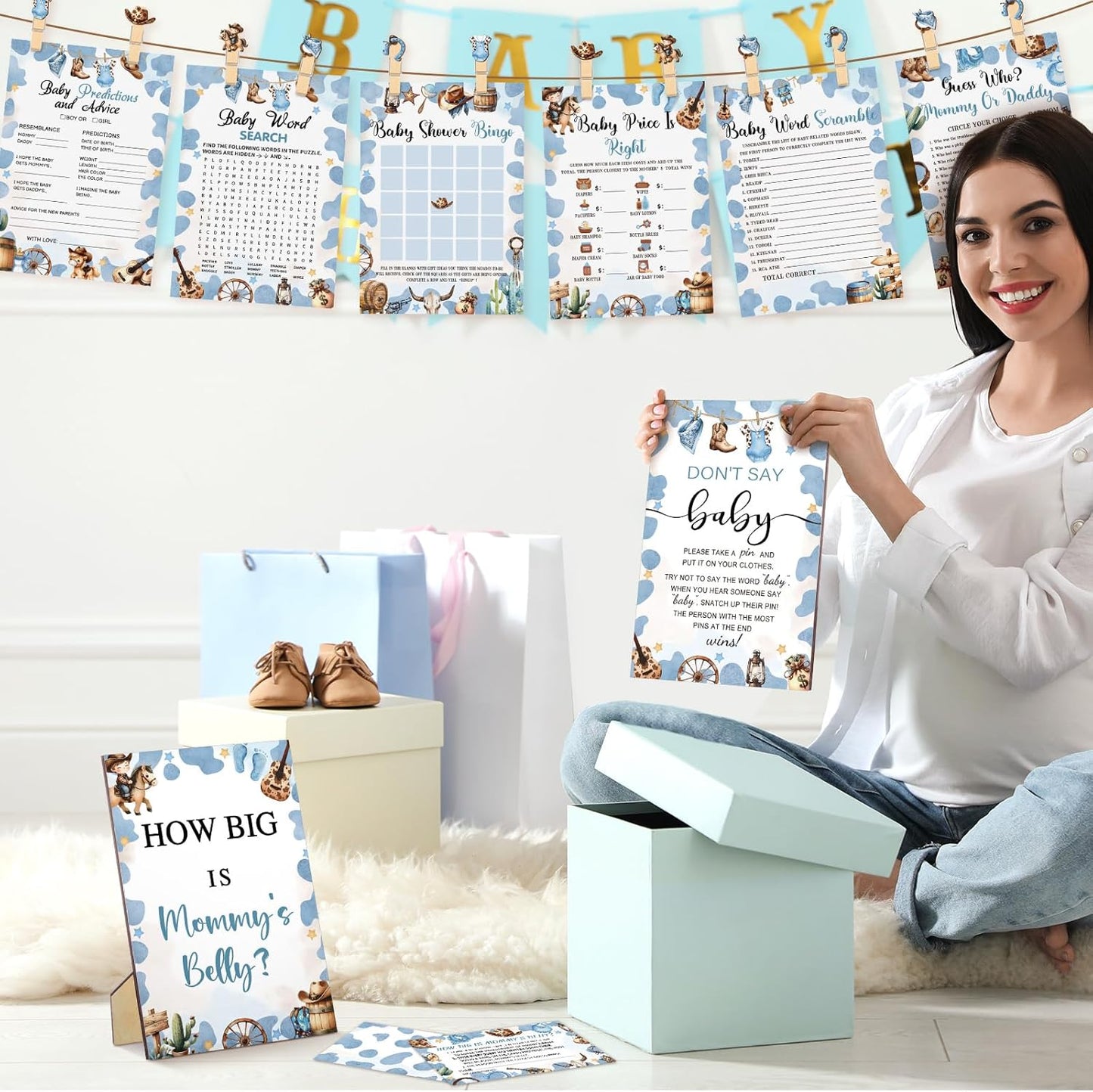 426 Pcs Cowboy Baby Shower Games Set-8 Games, Includes Baby Shower Bingo, Price is Right, Guess Who, Word Scramble, Prediction and Advice, How Big is Mommy's Belly, Don't Say The Words