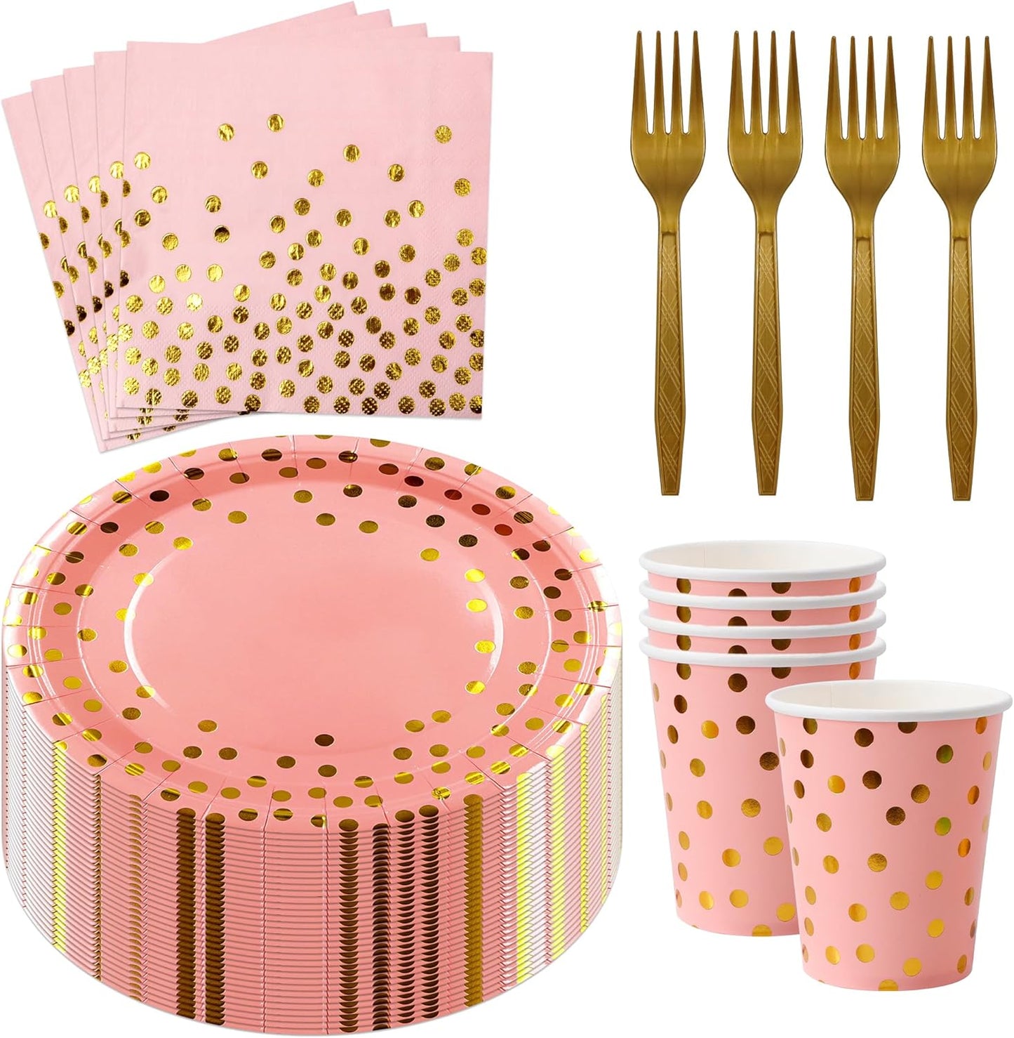 Sveikie160 Pcs Pink And Gold Paper Plates, Birthday Cake Party Plates And Napkins, Wedding Disposable Utensils For Birthday Graduation Wedding And Holiday Celebrations Serves 40 (Pink)