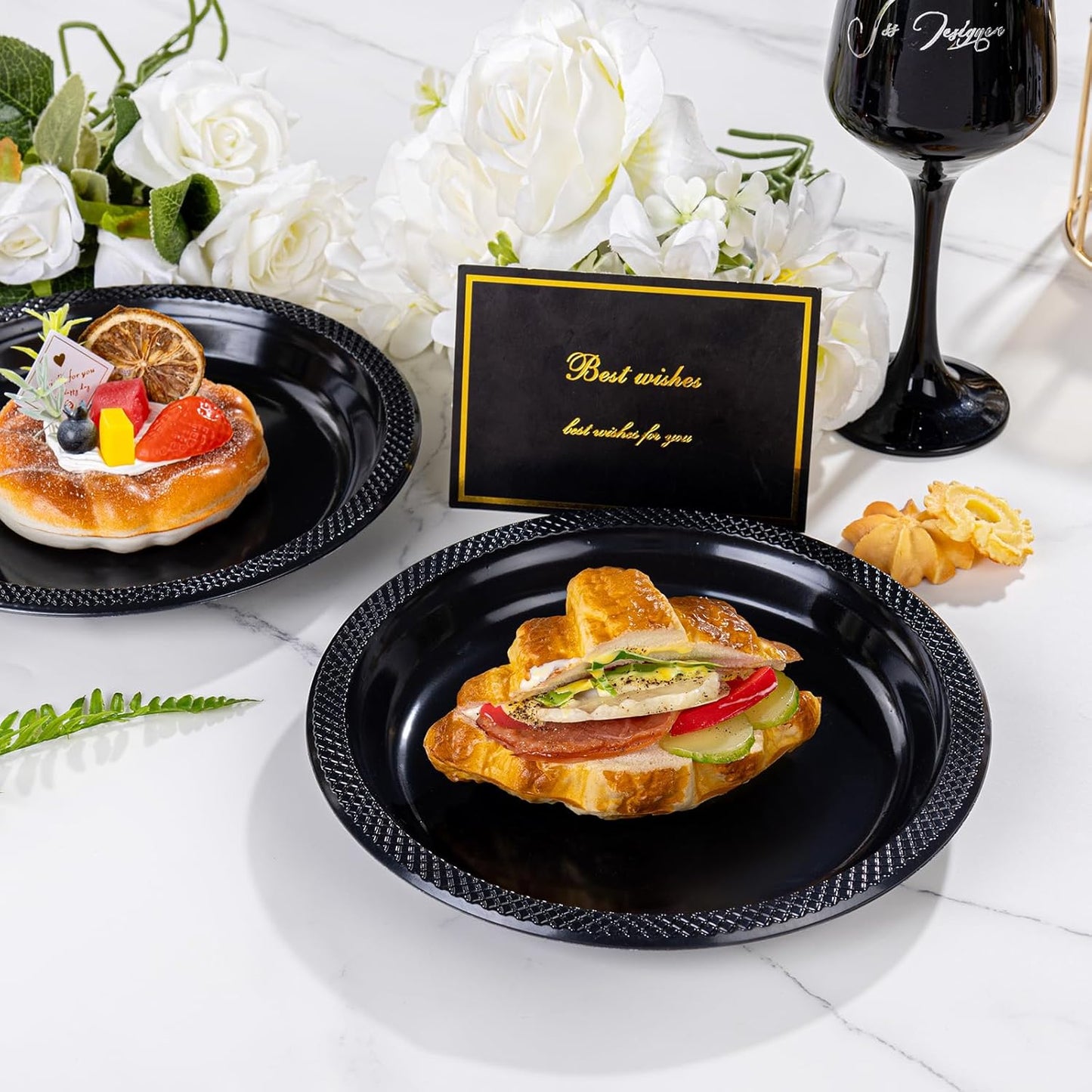 WELLIFE Black Plastic Plates 7 Inch 50 Count Disposable Plate for Party Halloween Plastic Plate, Dessert Small Plates for Dinner Cake Salad Party Supplies Birthday