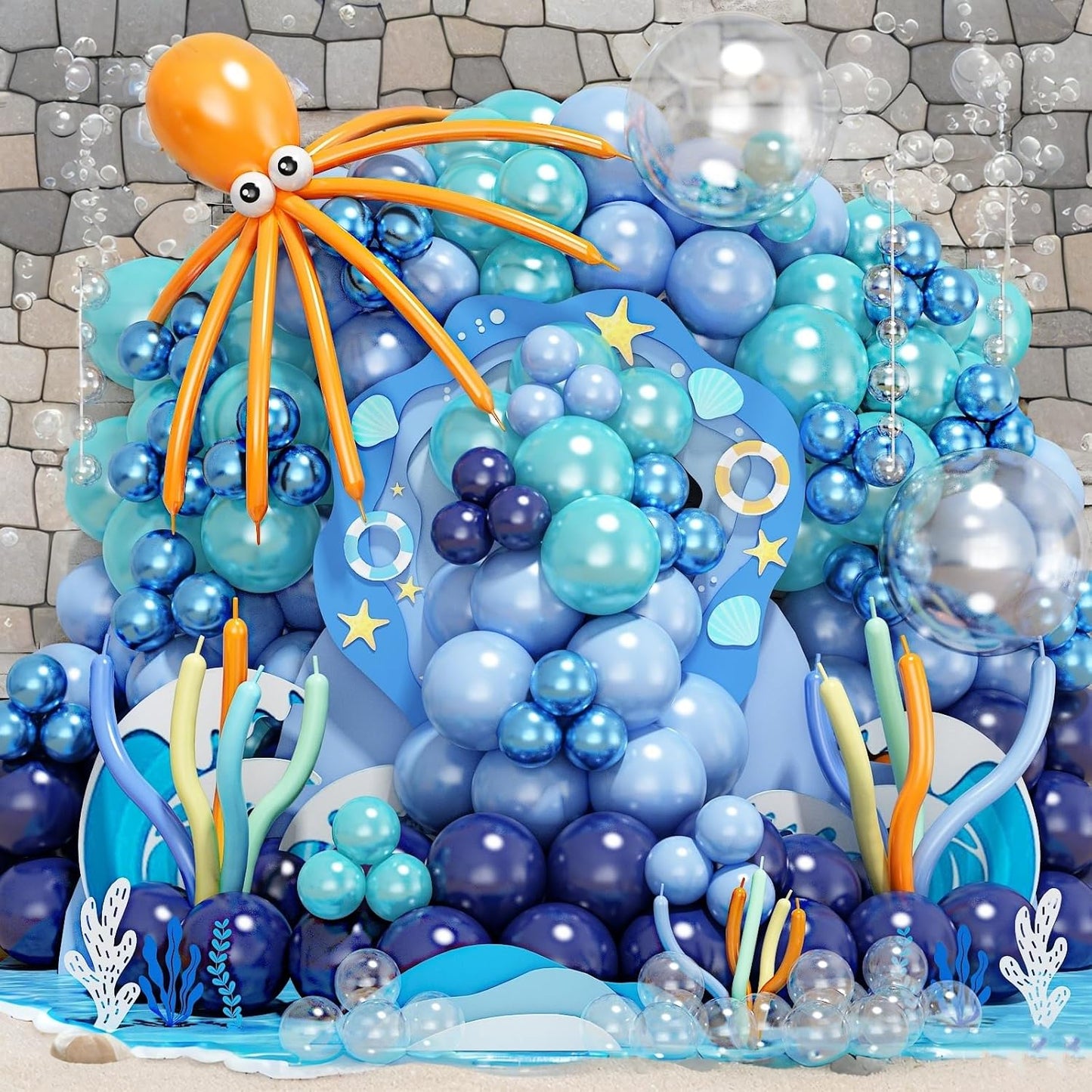 202 PCS Under the Sea Party Decorations Balloons Arch, Teal Blue Balloon Arch Garland Kit, DIY Octopus Clear Balloons Ocean Birthday Party Themed Decoration for Marine Shark Baby Shower Decor