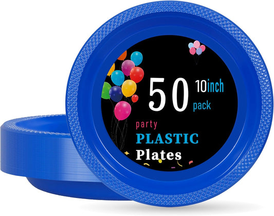 WELLIFE 10 Inch Royal Blue Plastic Plates 50 Count Disposable Plate for Party, Large Big Plates for Dinner Party Supplies Birthday Camping BBQ