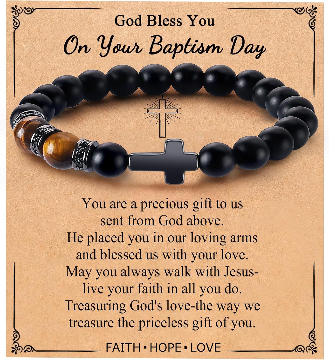 Mens Bracelet with Love Card Inspirational Jewelry Gifts for Man Christian Religious Baptism Valentines Day Graduation Retirement Christmas Beaded Bracelets Gifts