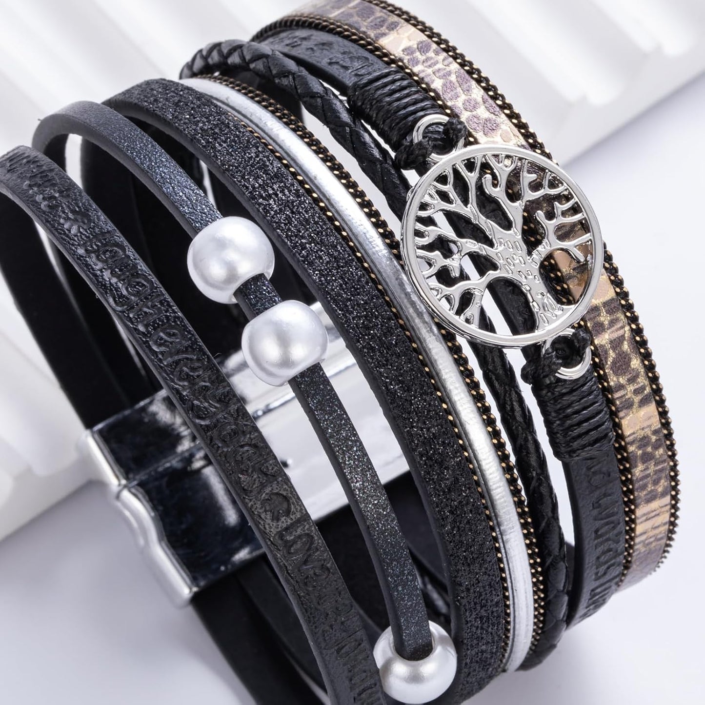 FANCY SHINY Tree of Life Leather Wrap Bracelet Inspirational Cuff Bangles Boho Pearl Bracelets with Magnetic Clasp Unique Jewelry Gifts for Women