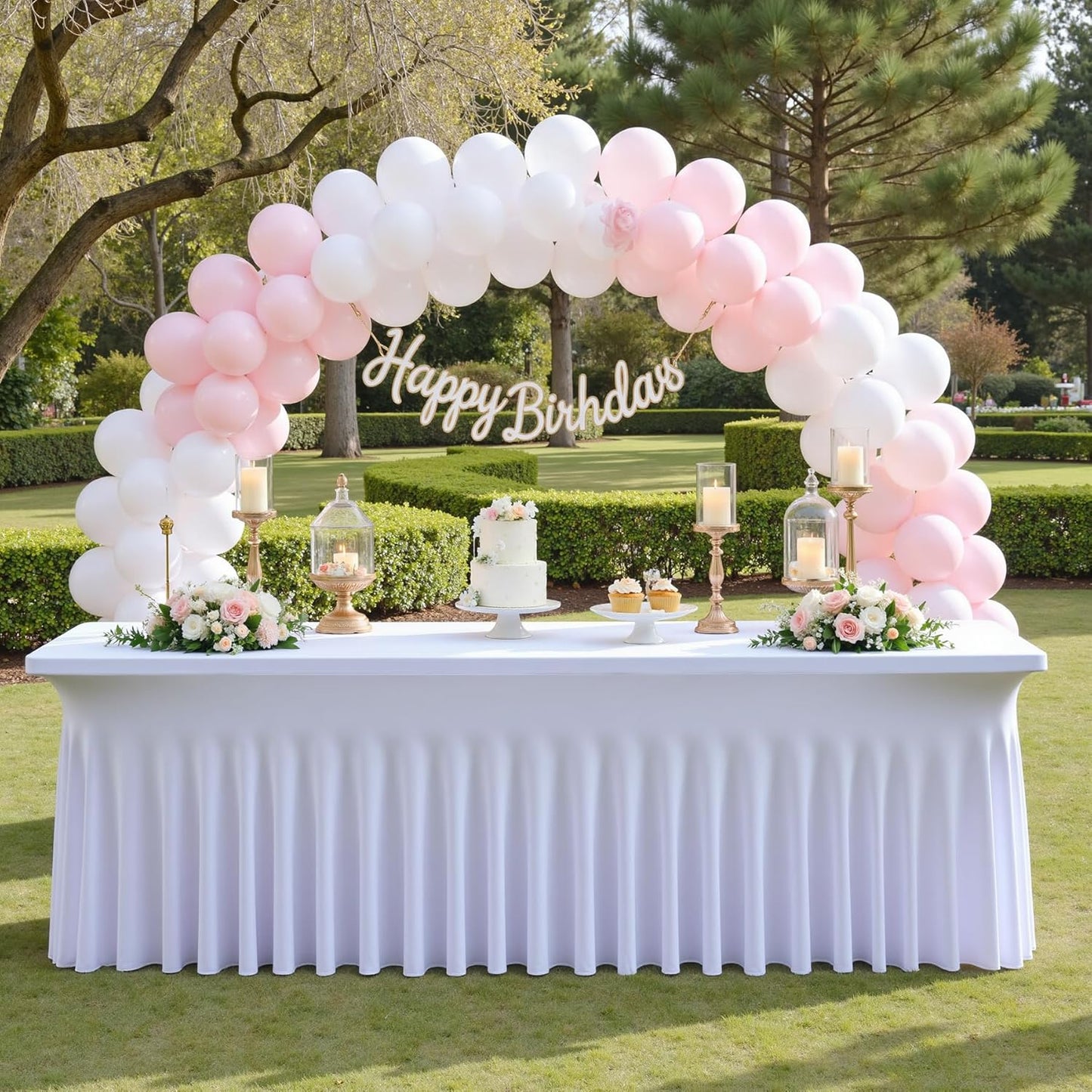 1 Pack White Spandex Tablecloth 8ft with Pleats Skirt, Wrinkle Free High Stretch Fitted Tablecloths for 8 Foot Rectangle Tables, Ruffle Elastic Spandex Table Covers 8ft for Parties Weddings Banquet