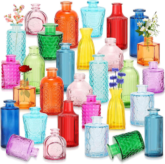 Yaomiao 30 Pcs Vases Bulk Colored Flower Glass Christmas Vases Bud Vintage Colored Glass Bottles Colorful Rustic Embossed for Home Wedding Table Decorations Gifts(Bright Color)