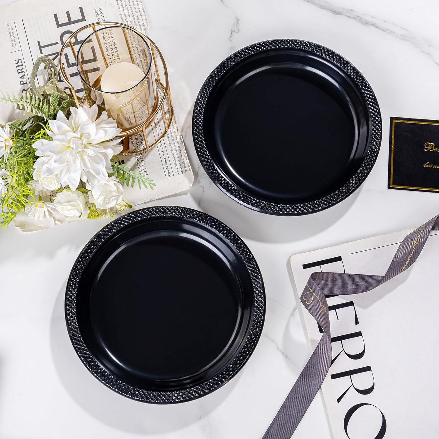 WELLIFE Black Plastic Plates 9 Inch 50 Count Disposable Plate for Party Halloween Plastic Plate for Dinner Dessert Party Supplies Birthday Camping BBQ