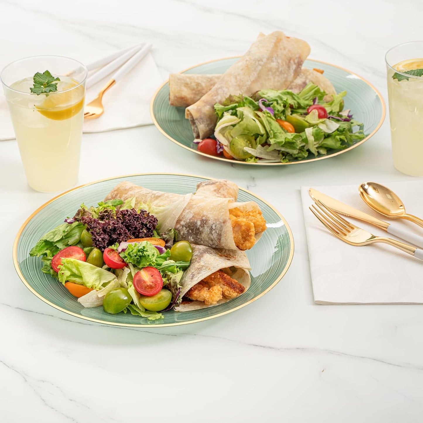Restaurantware Plastic Plates 100 Pcs 10" Gold Rimmed Disposable Plates Heavy-Duty Green Translucent Rippled Plastic Dinner Servers for Party, Weddings, Salads, Desserts, and Appetizers