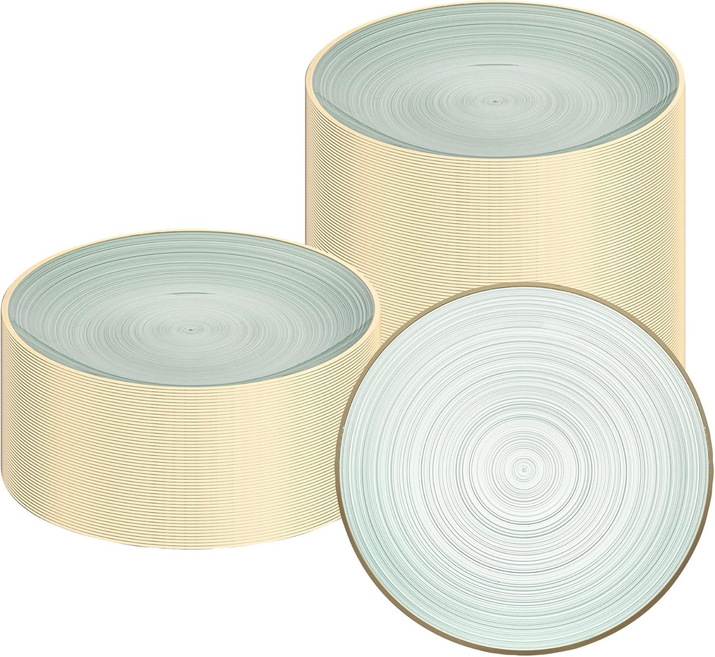 Restaurantware Plastic Plates 100 Pcs 7.25" Gold Rimmed Disposable Plates Heavy-Duty Green Translucent Rippled Plastic Dinner Servers for Party, Weddings, Salads, Desserts, and Appetizers