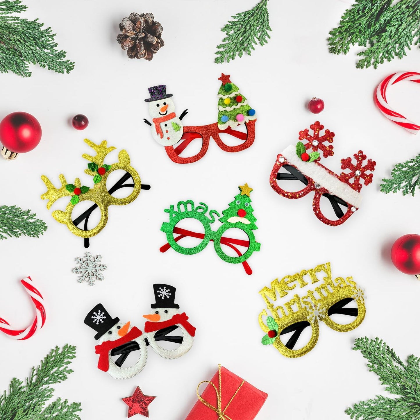 6 Pcs Christmas Glitter Glasses - Funny Xmas Eyeglasses Goodie Bag Stocking Stuffers Decorations for Kids Adults,Holiday Party Favors Supplies Christmas Costume Accessories Photo Booth Props Prizes