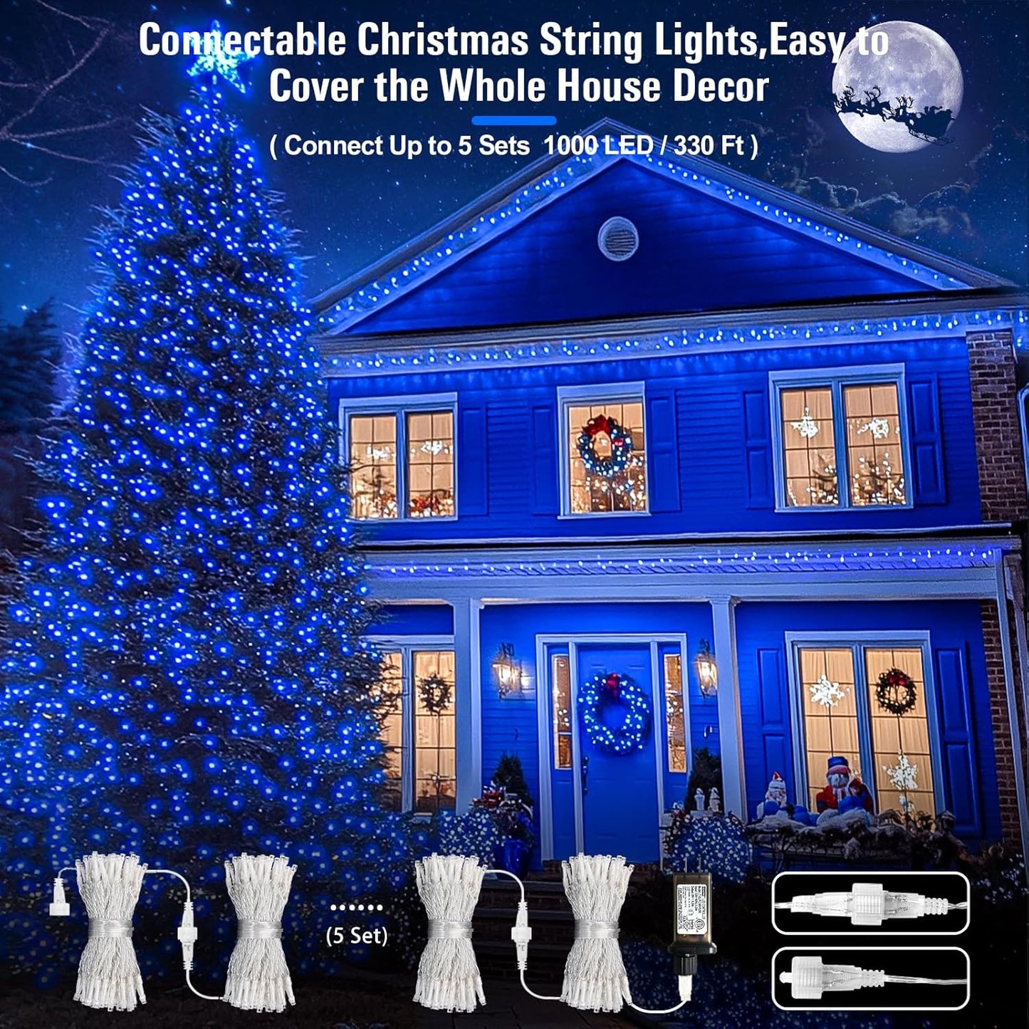 JMEXSUSS Blue Christmas String Lights Indoor Outdoor, 66ft 200 LED Blue String Lights Clear Wire Plug in, 8 Modes Waterproof Christmas Lights for Halloween Tree Party Bedroom Wall Christmas Decoration