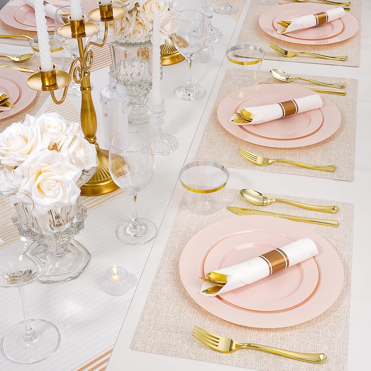 350 PCS Pink Plastic Dinnerware Set for 50 Guests, 100 Disposable Plates for Party, 50 Pre Rolled Napkins with Gold Silverware, 50 Cups for Wedding, Graduation