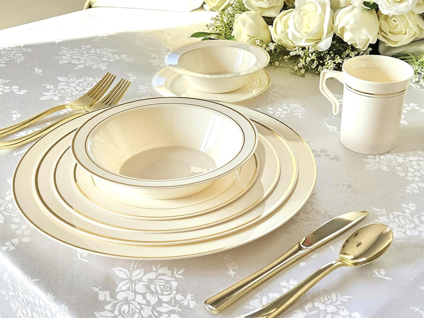 " OCCASIONS " 40 Piece Plates Pack, Heavyweight Disposable Wedding Party Plastic Bowls (6 oz Dessert Bowls, Ivory & Gold Rim)