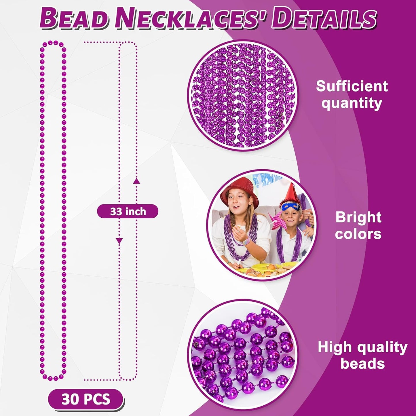30PCS Mardi Gras Beads, Purple Beads Necklace Bulk Party Favors, 33" Necklaces Festival Parade Throw Accessories, Halloween Mardi Gras Wedding School Activities Celebrations Decorations