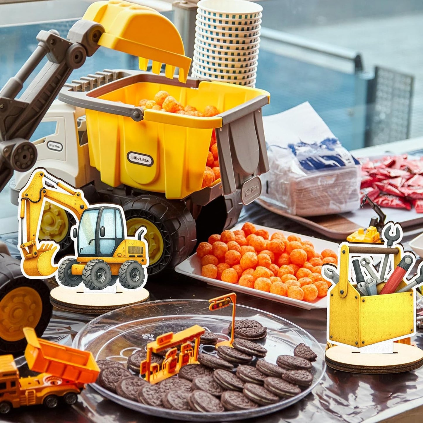 16 Pcs Wooden Construction Party Table Centerpiece Excavator Tractor Tabletop Detachable Sign Display Decoration Orange Black Yellow Baby Shower Birthday Table Toppers Photo Props Favor Supplies