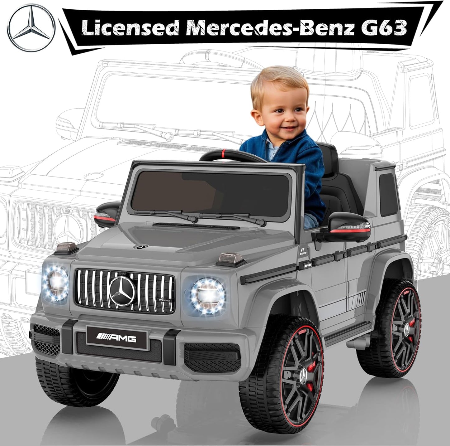 ANPABO Licensed Mercedes-Benz G63 Car for Kids, 12V Ride on Car w/Parent Remote Control, LED Headlights, Music Player & Horn, Soft Start, Low Battery Prompt, Kids Electric Vehicle, Grey