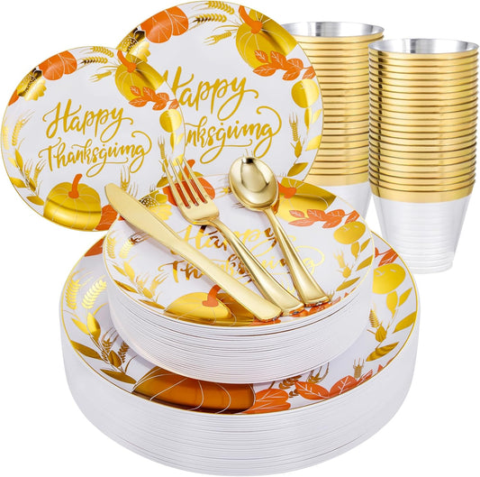 KIRE 150PCS Thanksgiving Plates Dinnerware Pumpkins - Plastic Thanksgiving Plates with Gold Silverware Include 25 for Dinner 25 for Salad 25Forks 25Knives 25Spoons 25Gold Cups