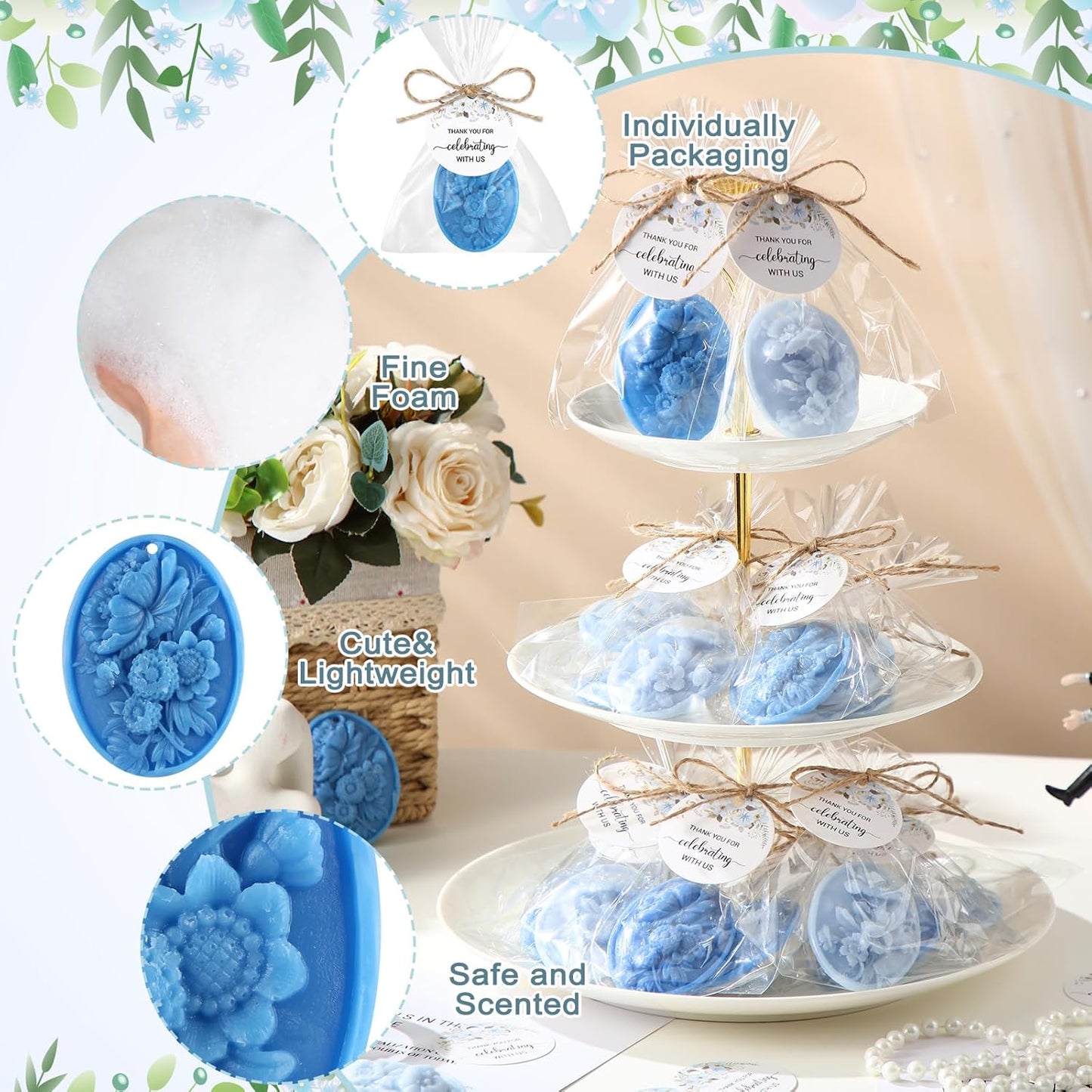 Demissle 20 Pcs Baby Shower Soap Favors Wildflowers Baby Shower in Bloom Flower Bath Soap Gift Set with White Greeting Card Handmade Gifts for Guests Decorations Supplies(Blue Color,Trendy Style)