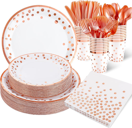 Supernal 350pcs Rose Gold Party Supplies,Plates and Napkins Sets,Happy Birthday Plate, Party Supplies Plates, Cups, Spoons, Fork, Napkins,Rose Gold Plastic Silverware for Wedding Birthday Decorations