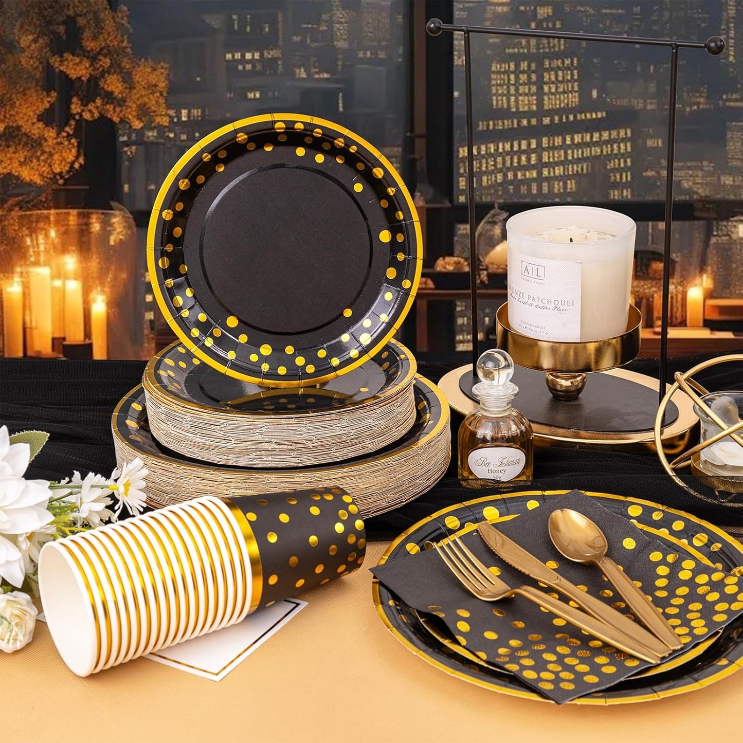 Supernal 350pcs Black and Gold Plates & Napkins Party Supplies,10inch Birthday Plates 7inch Black and Gold Paper Plates Gold Plastic Forks,Knives,Spoons,Black Napkins Cups Served 50 Guest for Birthday