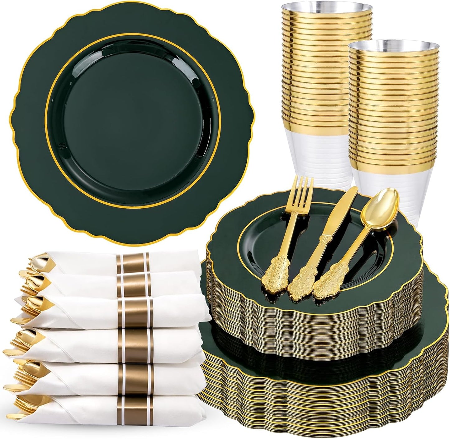 Liacere 350PCS Green Plastic Plates - Dark Green Disposable Plates With Gold Rim - 50Guest Baroque Plastic Dinnerware include 100Plates-50Pcs Pre Rolled Napkins with Silverware 50Cups for Christmas