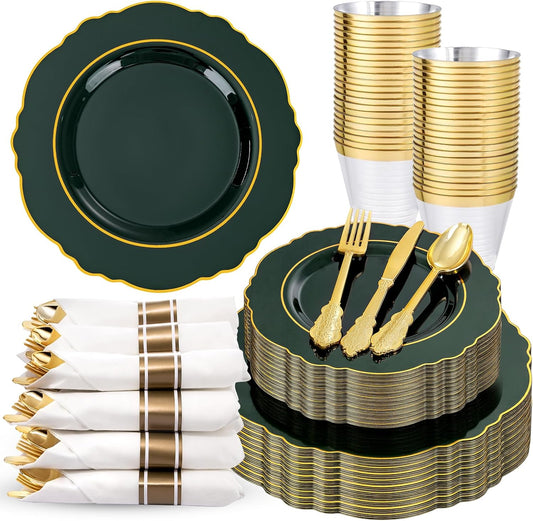 Liacere 350PCS Green Plastic Plates - Dark Green Disposable Plates With Gold Rim - 50Guest Baroque Plastic Dinnerware include 100Plates-50Pcs Pre Rolled Napkins with Silverware 50Cups for Christmas