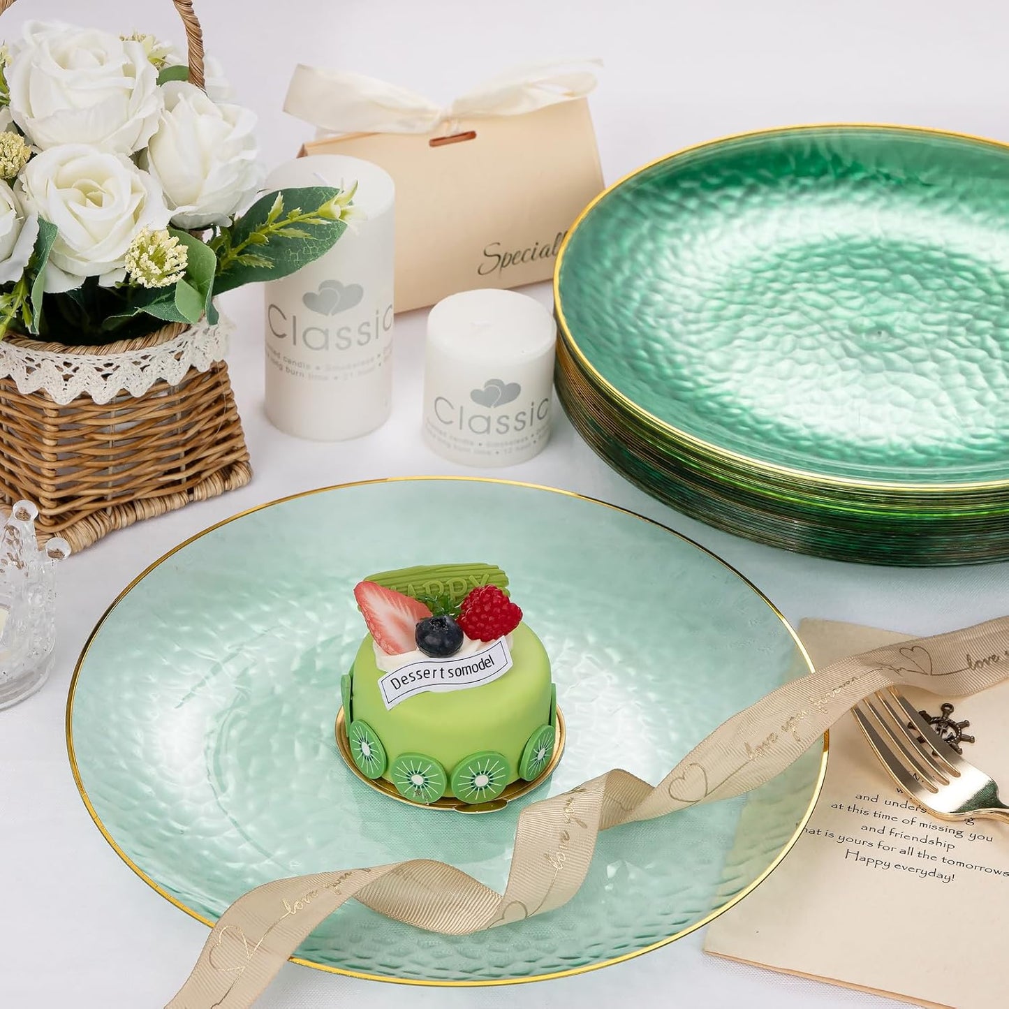 Rubtlamp 100 Clear Green Gold Plastic Plates, Hammered Clear and Gold Disposable Plates Include 50 Dessert Platos, 50 Dinner Platos for Party