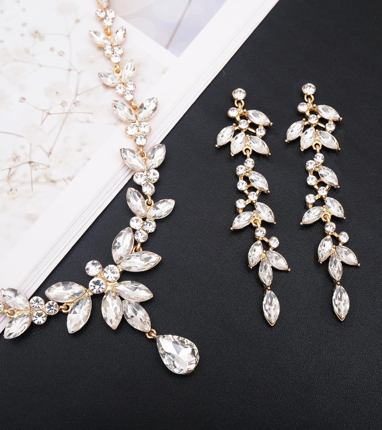 CSY 4 Pcs Elegant Bridal Jewelry Sets Austrian Marquise Crystal Wedding Necklace Dangle Earrings Tennis Bracelet Ring Set for Bride Women Costume Accessories