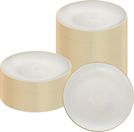 Restaurantware Plastic Plates 20 Pcs 10" Gold Rimmed Disposable Plates Heavy-Duty White Translucent Rippled Plastic Dinner Servers for Party, Weddings, Salads, Desserts, and Appetizers