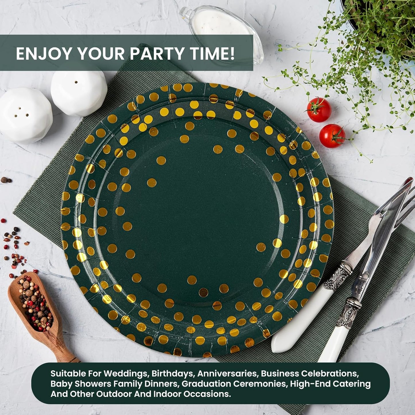 75PCS Paper Plates and Napkins Set - Green and Gold Dot Disposable Party Dinnerware Includes Paper Plates, Napkins, Forks Decorations for Father's Day Graduations Birthdays and Weddings, Serves 25