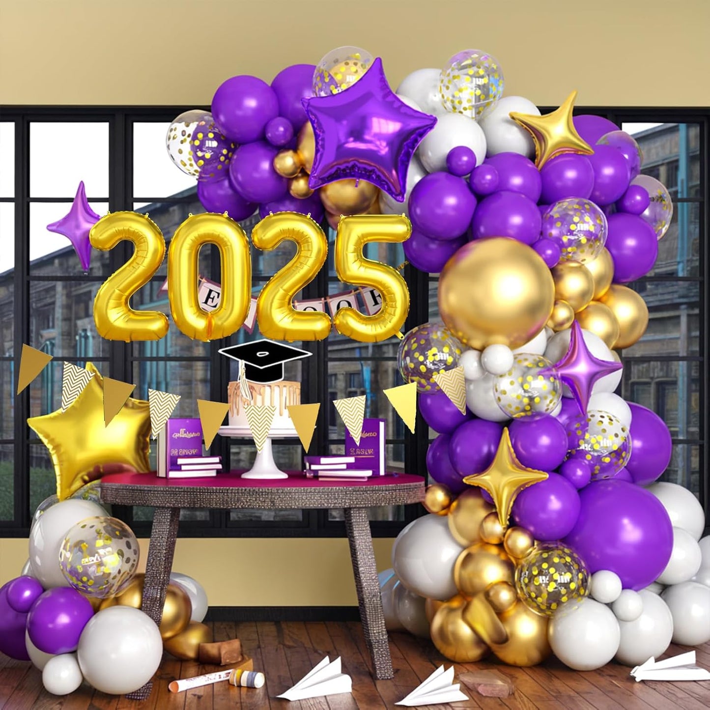 Purple Gold White Balloons Arch Kit with Star Balloon Pennant Flag Bunting 2025 Foil Balloon Banner Purple Gold Confetti Balloons Garland for Class of 2025 Graduation Theme Birthday Party Supplies