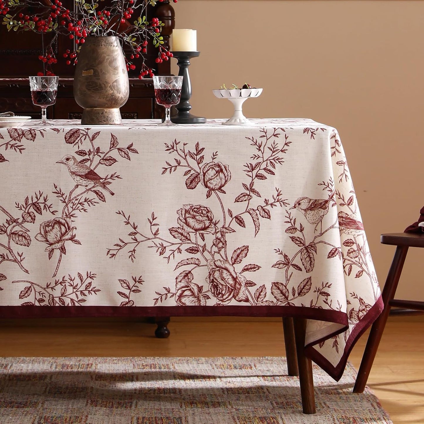 ISAENNE Designer Vintage Linen Square Tablecloth,Red Floral Pattern Linen Stain Resistant Table Cloth,Decor Tablecloths for Dining Thanksgiving Kitchen Christmas Party,67"*67"-Harmony