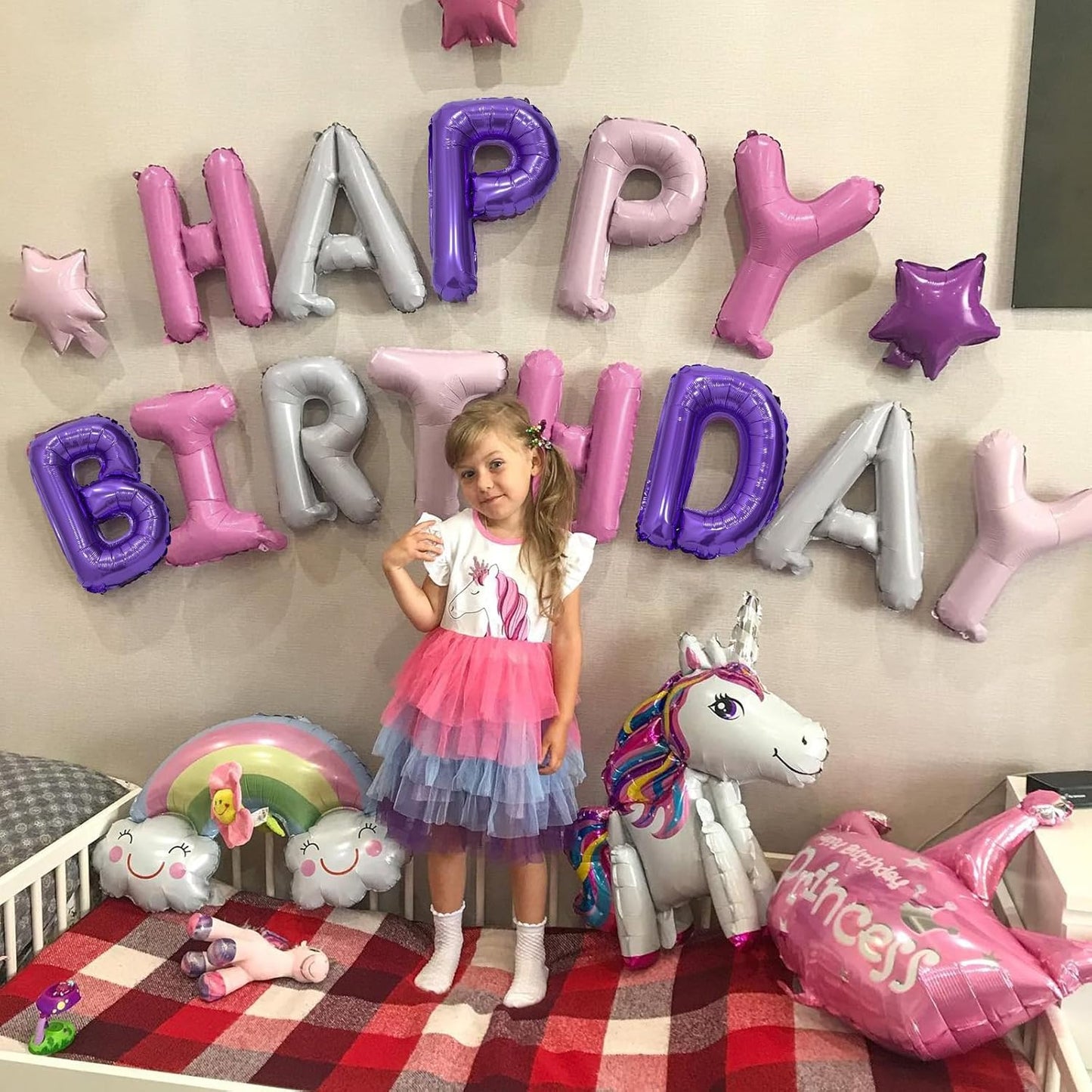 Purple Pink Happy Birthday Balloon Banner, 16 Inch Foil Mylar Happy Birthday Balloons Letters, Reusable Happy Birthday Sign, Pink and Purple Birthday Decorations for Women and Girls