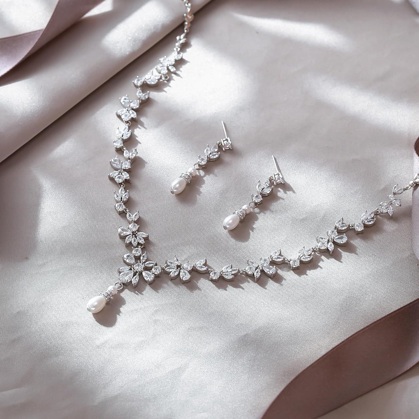 EVER FAITH Bridal Jewelry Set for Bride Bridesmaid, Flower Leaf Teardrop Cubic Zirconia Necklace Dangle Earrings Bracelet Sets Wedding Party for Women