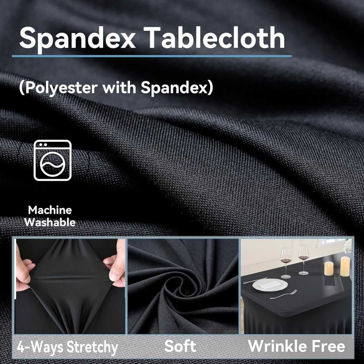 8 pk Black Spandex Tablecloth 8ft with Ruffled Skirt,Wrinkle Free High Stretch Fitted Tablecloths for 8 Foot Rectangle Tables,Pleated Elastic Spandex Table Covers 6ft for Parties Wedding Banquet