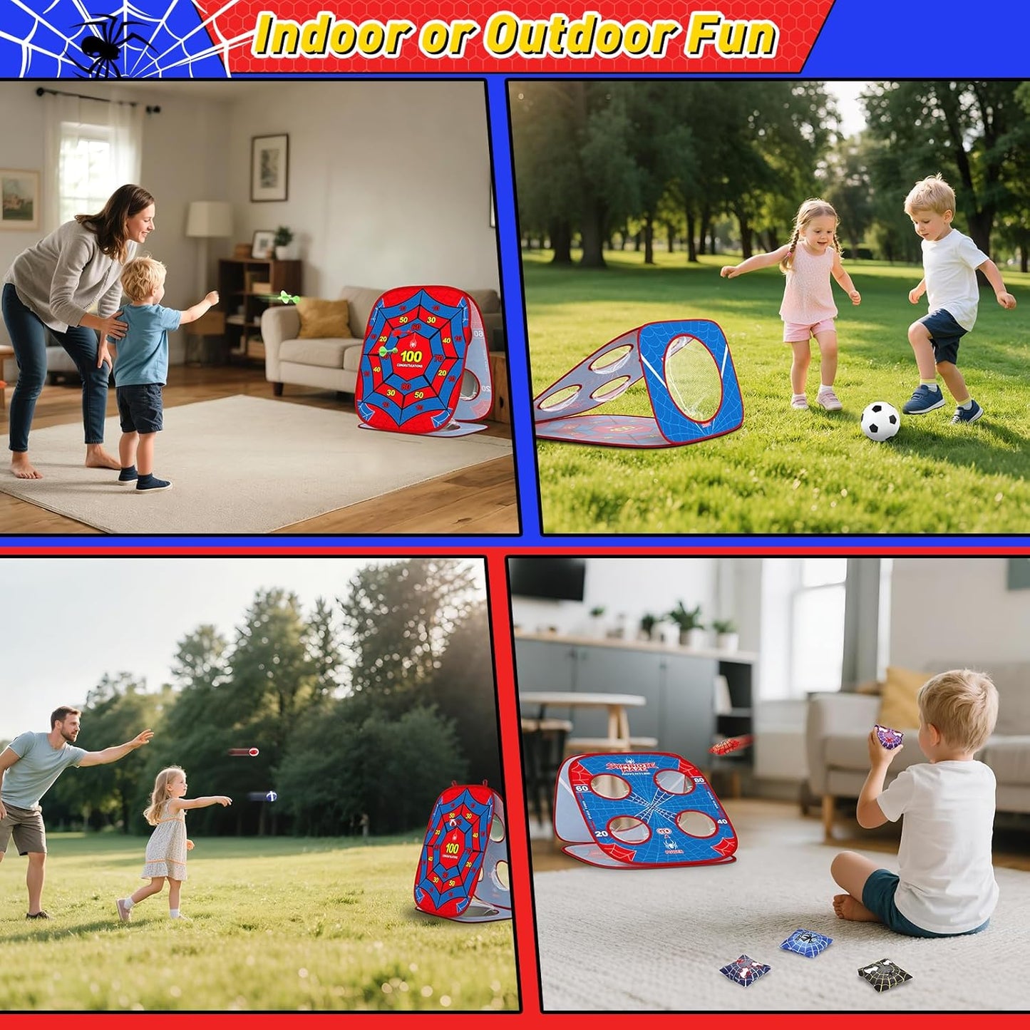 Spider Bean Bag Toss Game for Kids: 4-in-1 Cornhole Board Indoor Outdoor Toys for Kids Boys Girls 3 4 5 6 7 8 Year Old Birthday, Outside Activity Beach Backyard Lawn Family Party Game