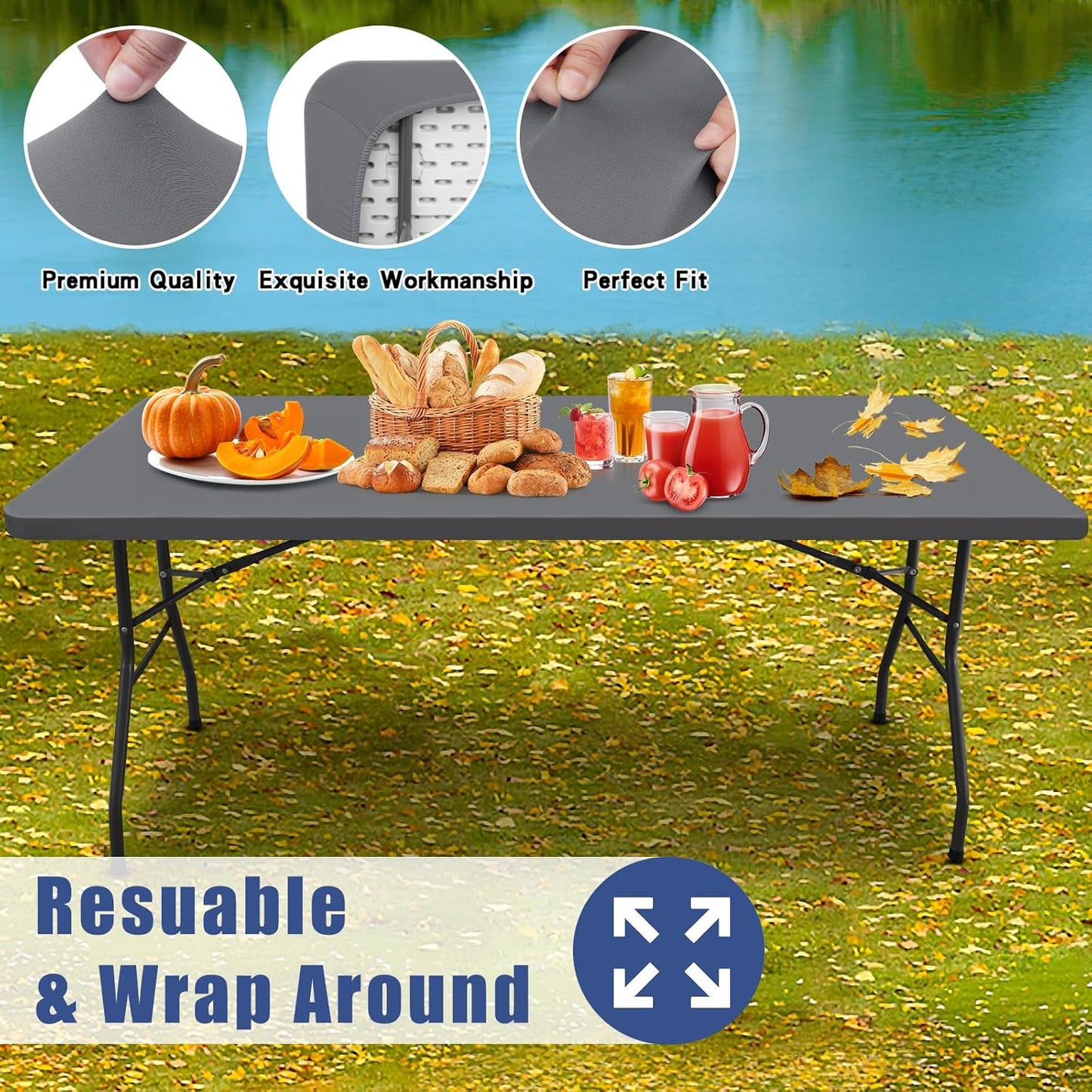 Spandex 8 Foot Rectangle Table Cloth 2 Pack, Elastic Fitted Tablecloths for Picnic, Stretch Washable Patio Table Cover for Outdoor, Camping, Banquet and Parties (Grey, 36"x96")