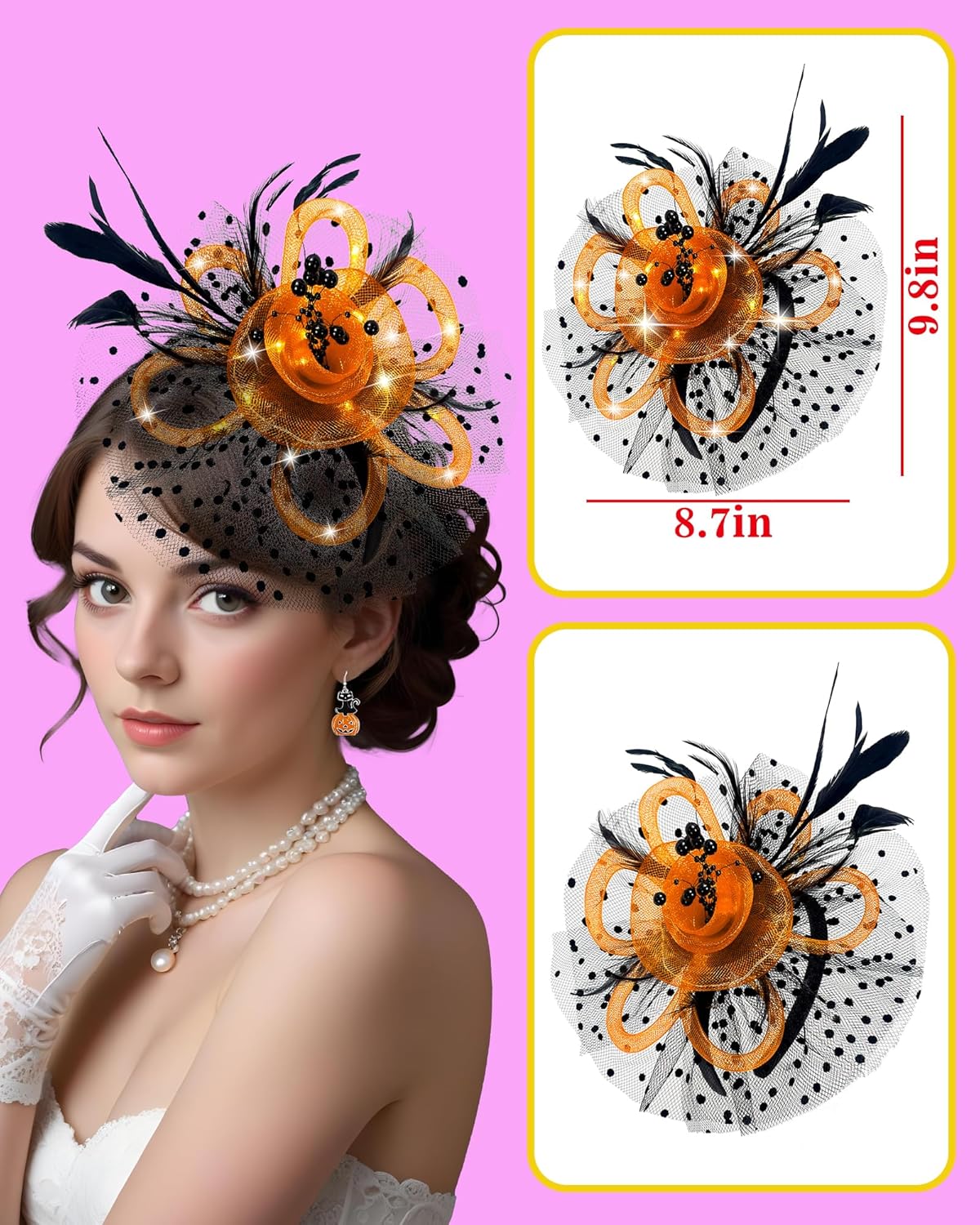 Fascinator Hat for Women LED Light up Tea Party Hats Mesh Veil Headband for Women