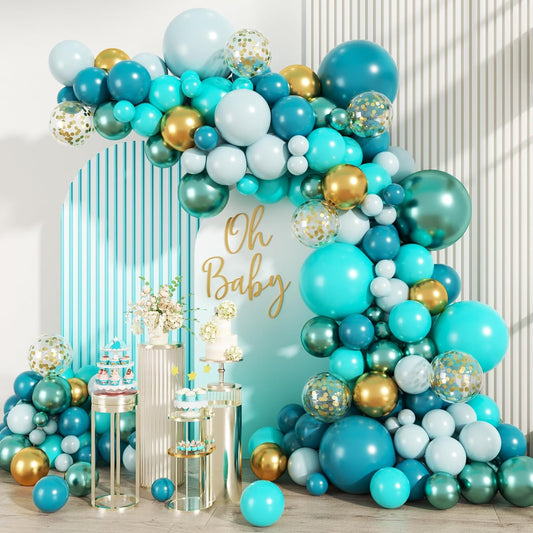 Teal Balloons Garland Arch Kit, 147PCS Teal Blue Turquoise Green Metallic Gold Balloons with Confetti for Wedding Baby Shower Birthday Party Decorations