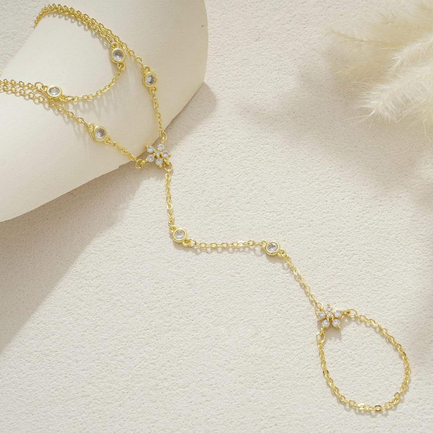 Listine Hand Chain Bracelet 14K Gold Plated Ring Bracelet Hand Chain Trendy Stuff for Women Dainty Hand Bracelets with Finger Ring Hand Jewelry for Women