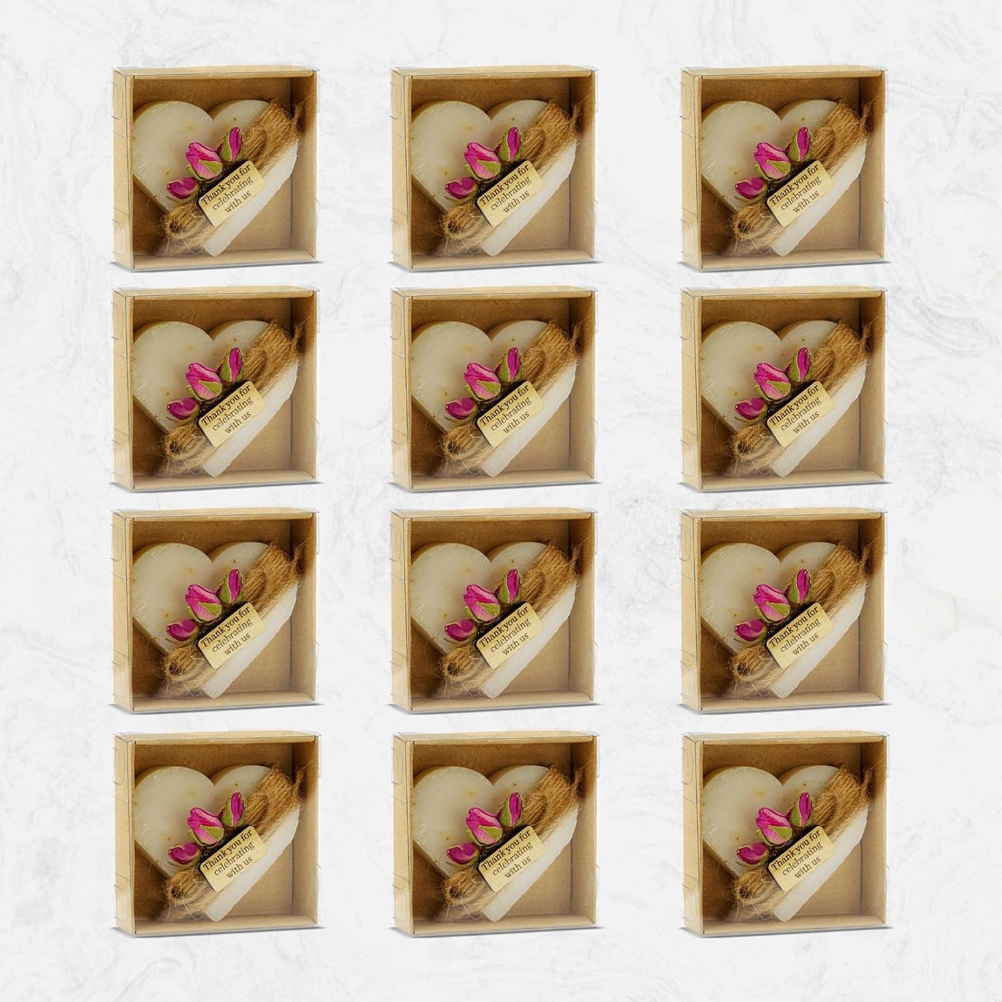 Heart Shaped Soaps 12-Pack, Handmade Scented Mini Soaps for Bridal Shower Party Favors, Tea Party, Wedding, Baby Shower & Engagement Gifts for Guests, Thanks You for Celebrating with Us Wooden Tag