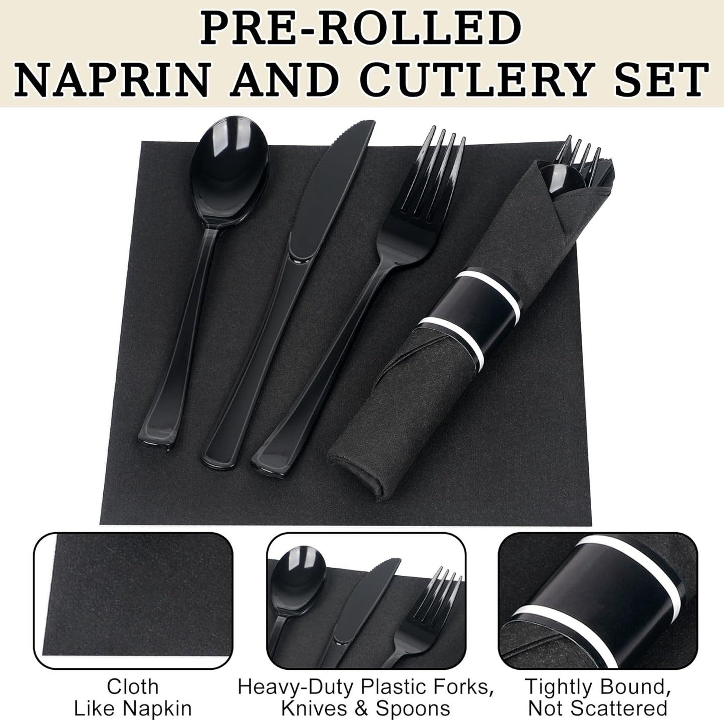 50 Pack Pre Rolled Black Plastic Silverware Set,Wrapped Plastic Cutlery Set with Napkin Include 50 Forks,50 Spoons,50 Knives and 50 Black Napkins for Party,Wedding